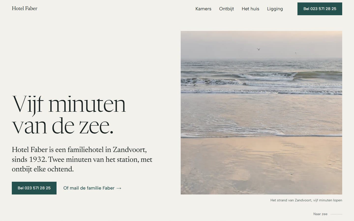 Concept-redesign van Hotel Faber: lichte homepage met de zee