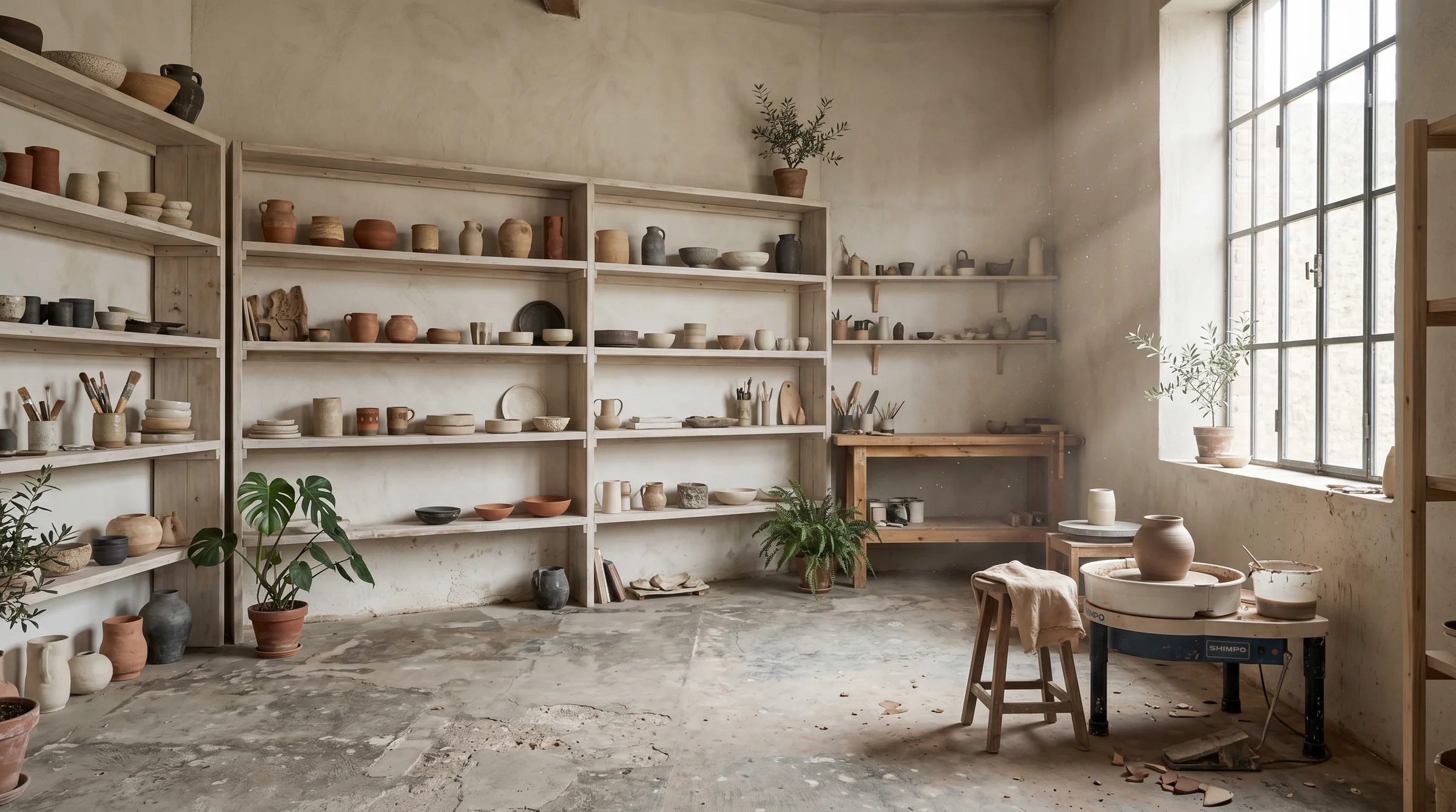 Het atelier met planken vol keramiek, beeld uit de TERRA-site
