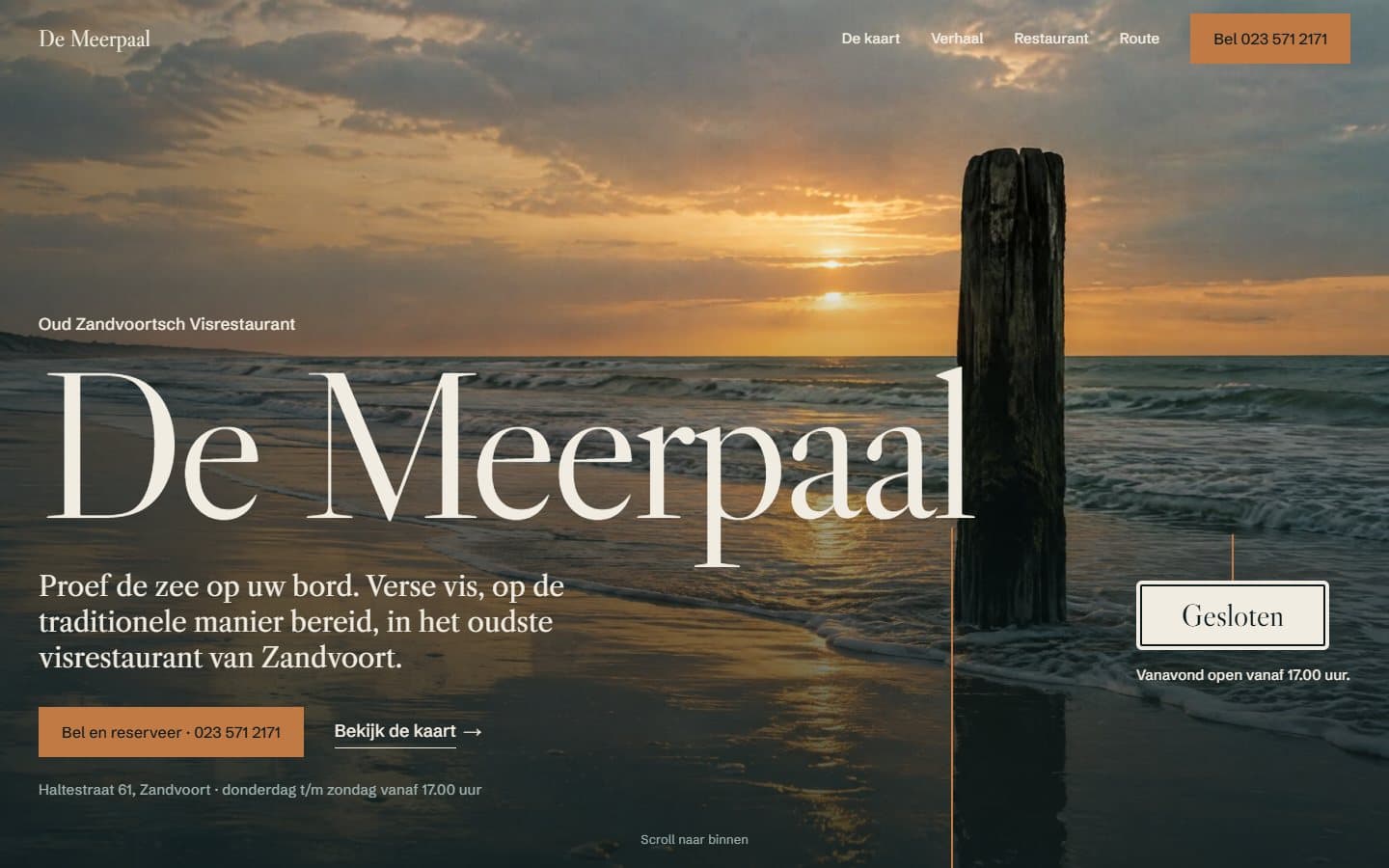 Concept-redesign van Visrestaurant De Meerpaal: zonsondergang bij een paal in zee